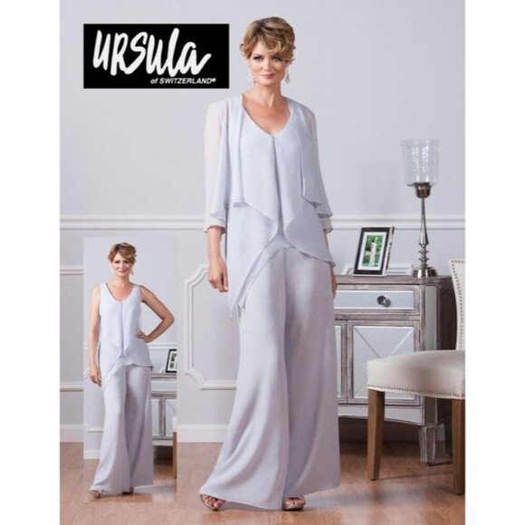 Ursula of Switzerland Pants - URSULA OF SWITZERLAND Mother of the bride chiffon pantsuit in Silver Size 20 NWT